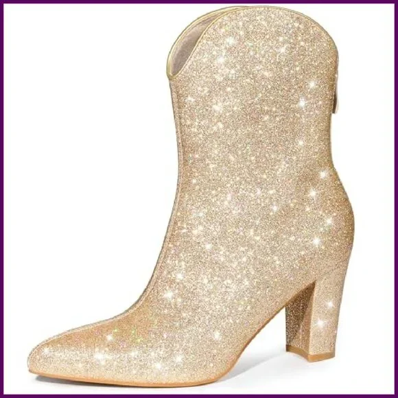 Glitter Pointy Toe Mid Calf Boots with Block Heel and Back Zipper - Picture 2 of 7